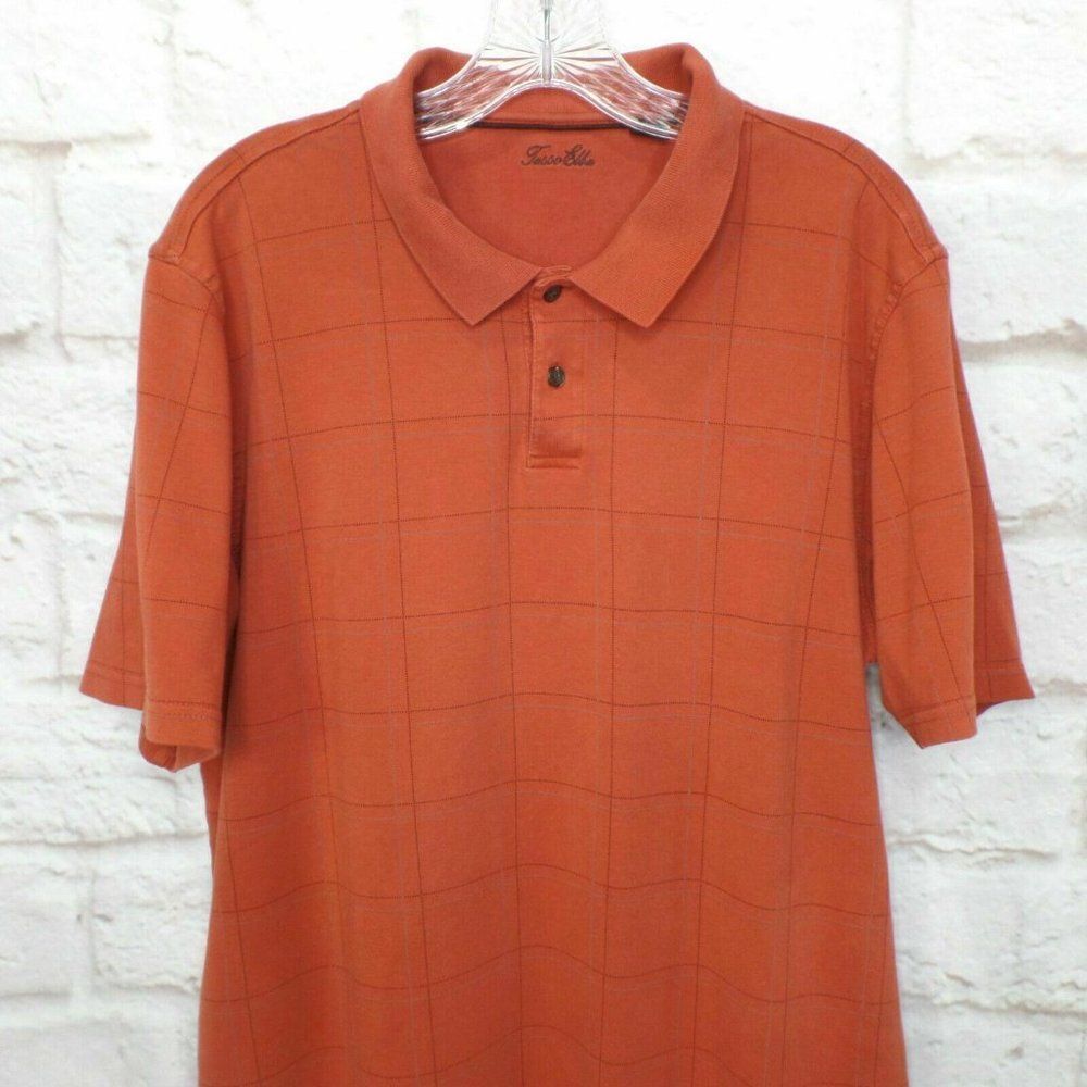 Tasso Elba men's size Large Rust Plaid Short Sleeve Polo Shirt